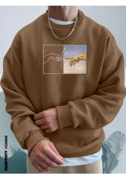 Erkek El Baskı Bisiklet Yaka Sweatshirt