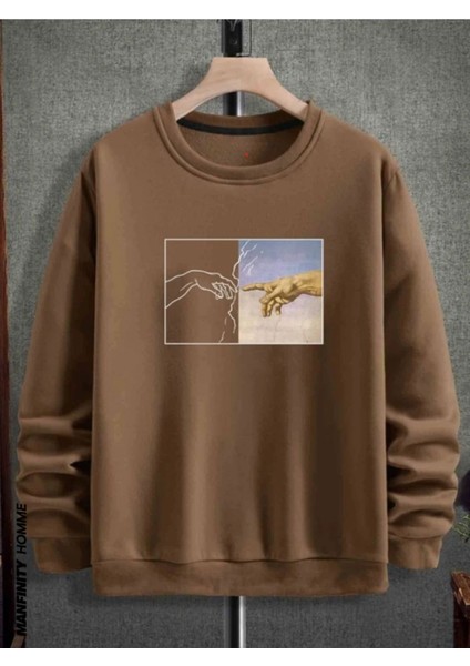 Erkek El Baskı Bisiklet Yaka Sweatshirt