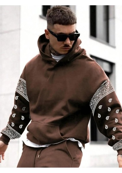 Erkek Kahverengi Kol Desenli Oversize Kapşonlu Sweatshirt