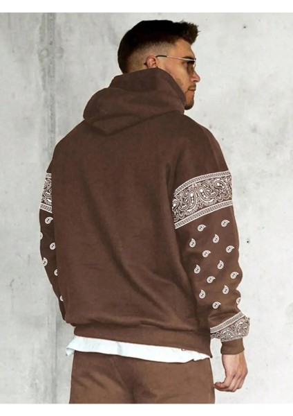 Erkek Kahverengi Kol Desenli Oversize Kapşonlu Sweatshirt