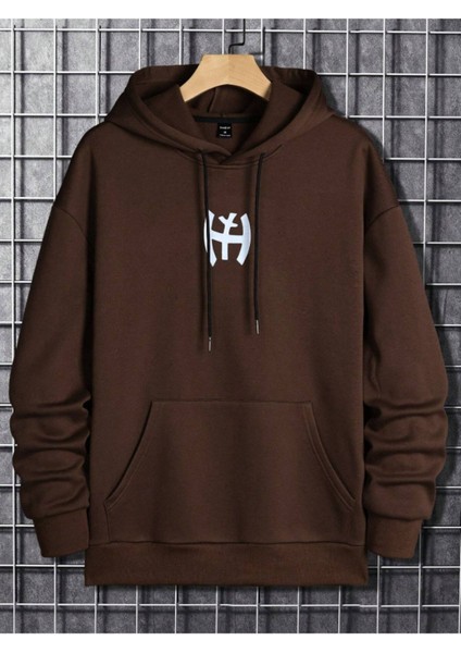 Erkek Kahverengi Y Logo Baskılı Kapüşonlu Sweatshirt