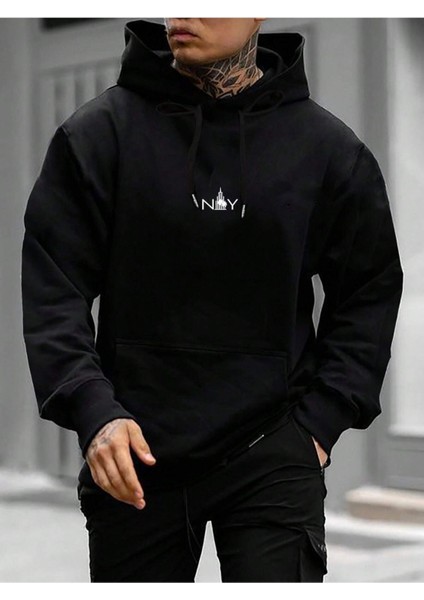 Erkek Siyah New York Baskılı Kapüşonlu Sweatshirt