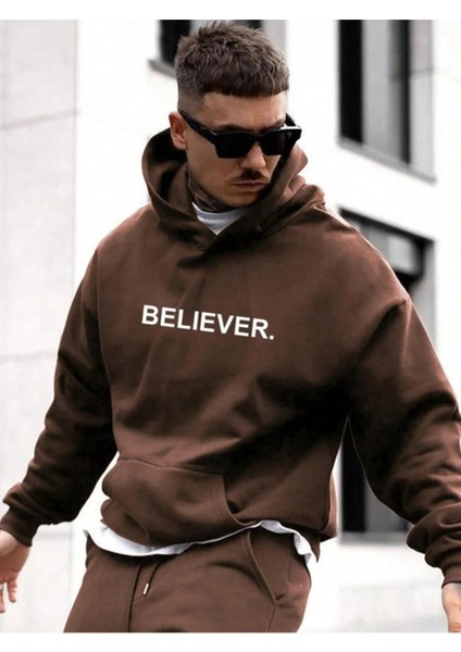 Erkek Believer Baskılı Oversize Kapşonlu Sweatshirt