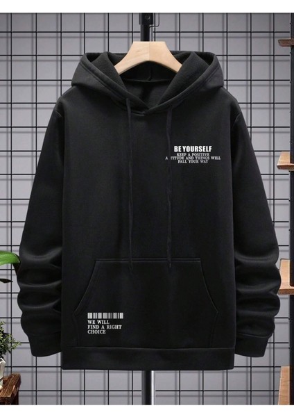 Erkek Siyah Be Yourself Baskılı Oversize Kapşonlu Sweatshirt