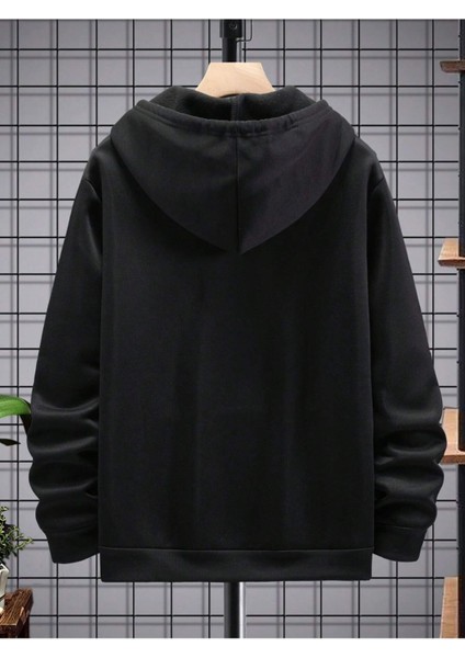 Erkek Siyah Be Yourself Baskılı Oversize Kapşonlu Sweatshirt