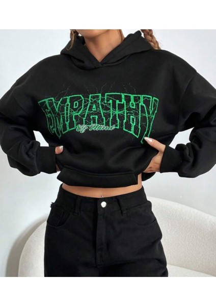 Kadın Siyah Empathy Baskı Kapüşonlu Sweatshirt