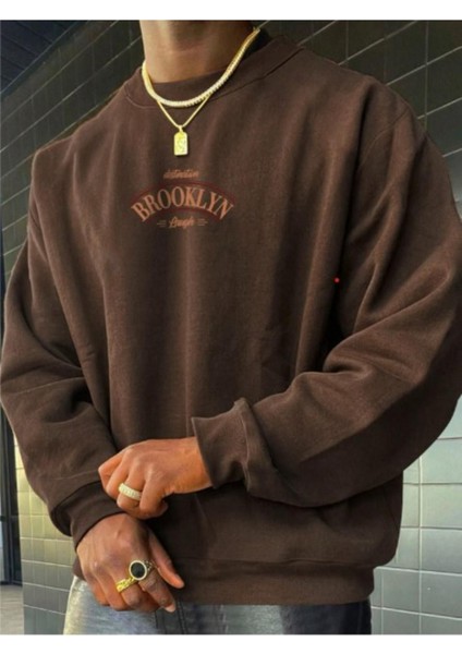 Erkek Brooklyn Lought Baskılı Oversize Bisiklet Yaka Sweatshirt