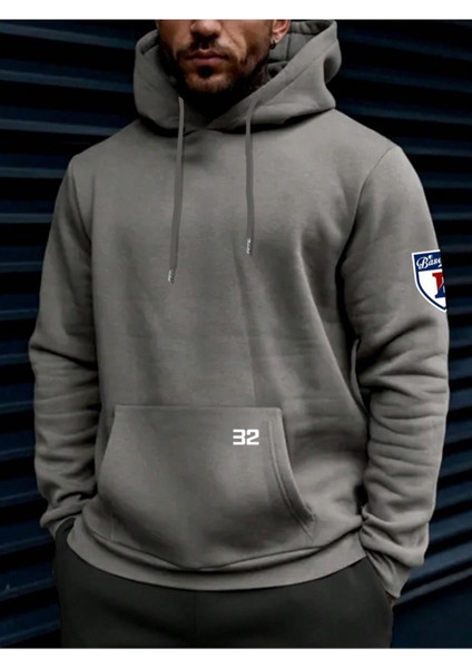 Erkek Duman Gri Baseball Baskılı Kapüşonlu Sweatshirt