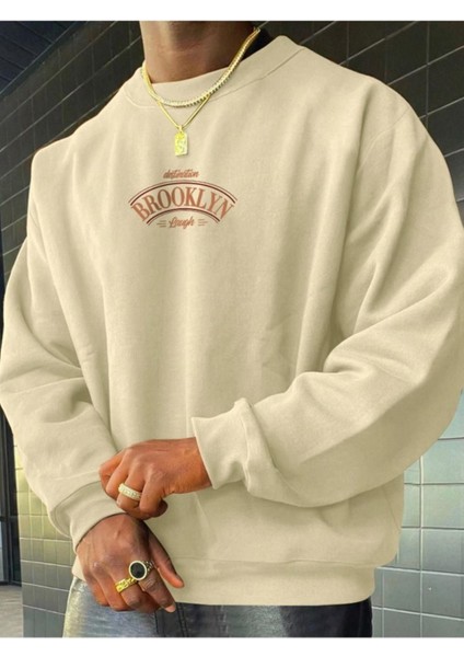 Erkek Brooklyn Lought Baskılı Oversize Bisiklet Yaka Sweatshirt