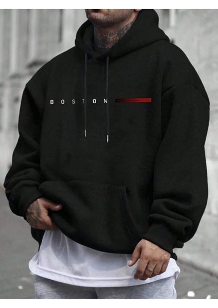 Erkek Boston Baskılı Oversize Kapşonlu Sweatshirt