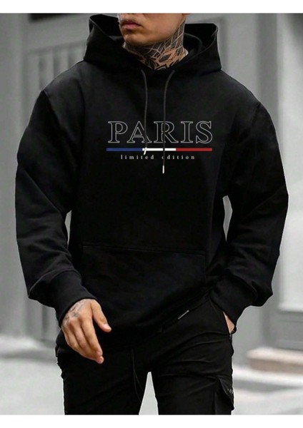 Erkek Siyah Büyük Paris Baskılı Kapüşonlu Sweatshirt