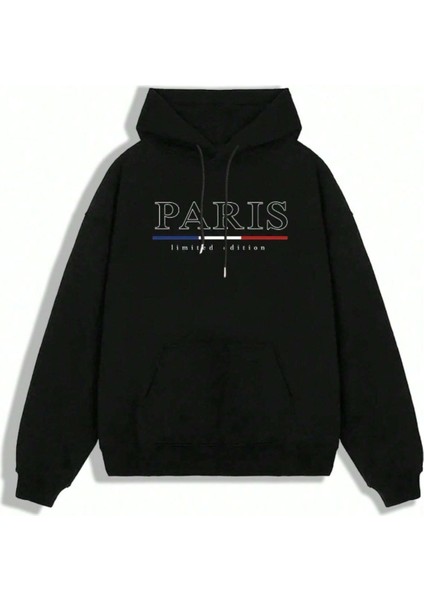 Erkek Siyah Büyük Paris Baskılı Kapüşonlu Sweatshirt fırsatları