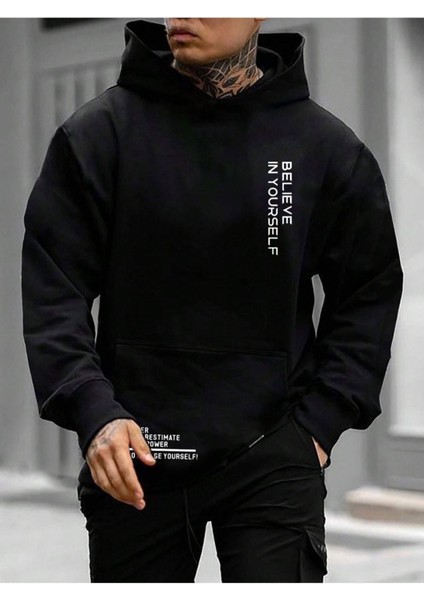 Erkek Believe Baskılı Oversize Kapşonlu Sweatshirt