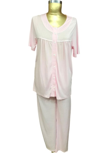 NENA-24076-Kadın Kısa Kollu Önden Açık Robalı Yakasız Pijama Takımı-Pembe