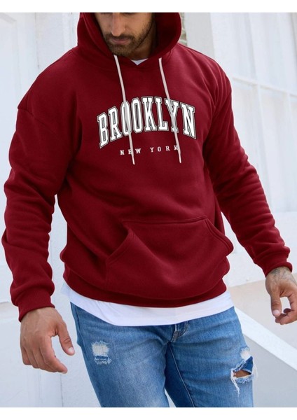 Erkek Brooklyn Baskılı Oversize Kapşonlu Sweatshirt