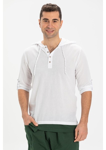 Şile Bezi Kapüşonlu Erkek Yazlık Sweatshirt Beyaz Byz