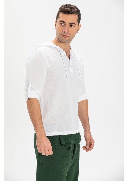 Şile Bezi Kapüşonlu Erkek Yazlık Sweatshirt Beyaz Byz