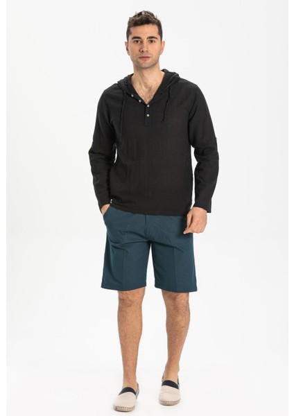 Şile Bezi Kapüşonlu Erkek Yazlık Sweatshirt Siyah Syh
