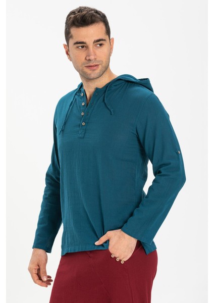 Şile Bezi Kapüşonlu Erkek Yazlık Sweatshirt Petrol Ptrl