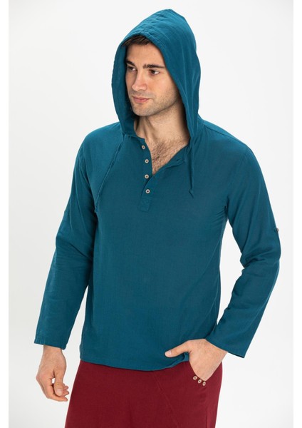 Şile Bezi Kapüşonlu Erkek Yazlık Sweatshirt Petrol Ptrl