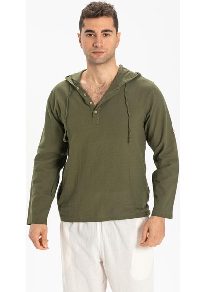 Şile Bezi Kapüşonlu Erkek Yazlık Sweatshirt Haki Hk