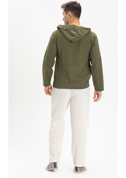 Şile Bezi Kapüşonlu Erkek Yazlık Sweatshirt Haki Hk