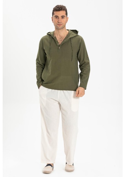 Şile Bezi Kapüşonlu Erkek Yazlık Sweatshirt Haki Hk