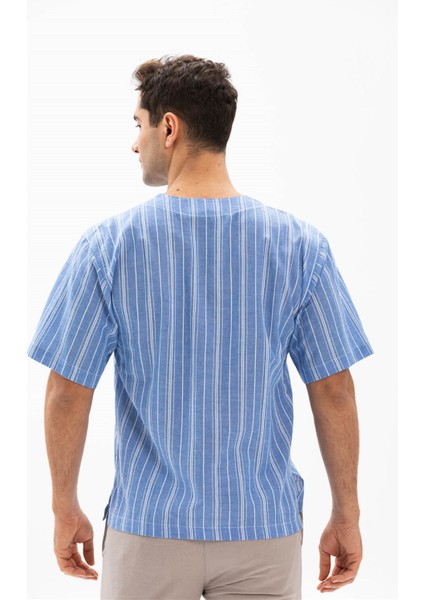 Kısa Kol Şile Bezi Bisiklet Yaka Erkek Tshirt Mavi Beyaz Çizgili fiyatları