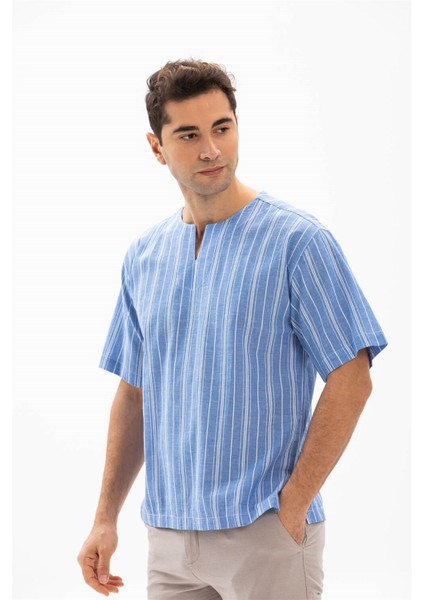 Kısa Kol Şile Bezi Bisiklet Yaka Erkek Tshirt Mavi Beyaz Çizgili modelleri