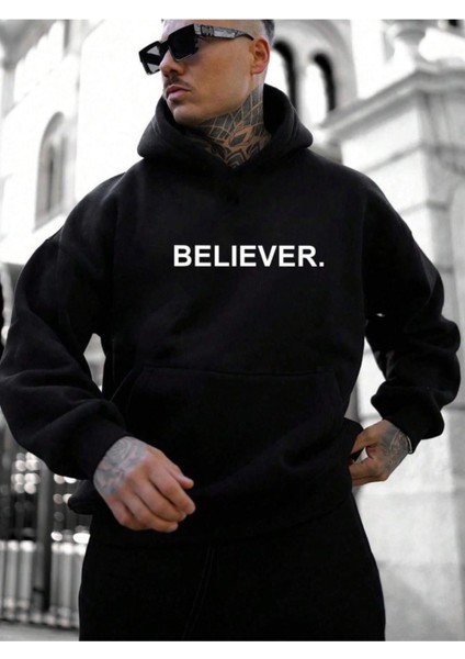Erkek Believer Baskılı Oversize Kapşonlu Sweatshirt