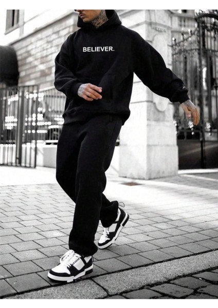 Erkek Believer Baskılı Oversize Kapşonlu Sweatshirt