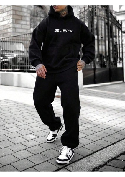 Erkek Believer Baskılı Oversize Kapşonlu Sweatshirt