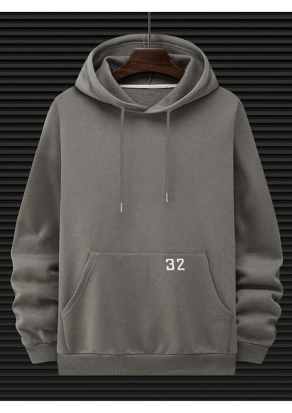Erkek Duman Gri Baseball Baskılı Kapüşonlu Sweatshirt