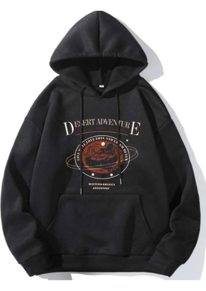 Kadın Siyah Desert Baskılı Oversize Kapşonlu Sweatshirt
