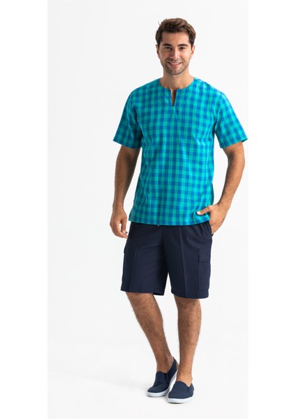 Kısa Kol Şile Bezi Bisiklet Yaka Erkek T-Shirt Mint Kareli
