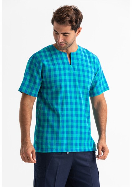 Kısa Kol Şile Bezi Bisiklet Yaka Erkek T-Shirt Mint Kareli
