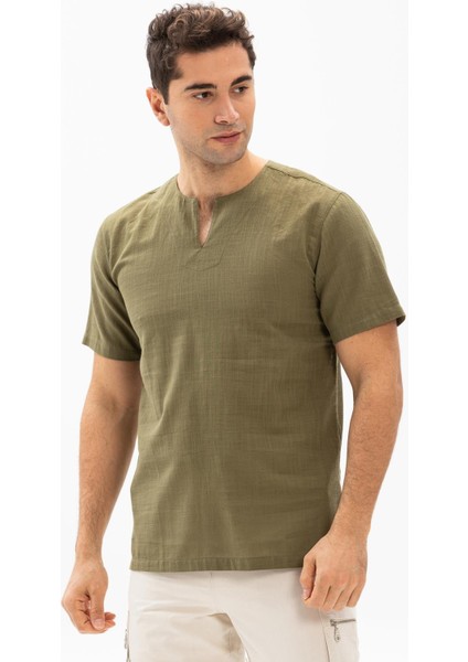 Kısa Kol Şile Bezi Bisiklet Yaka Erkek T-Shirt Haki