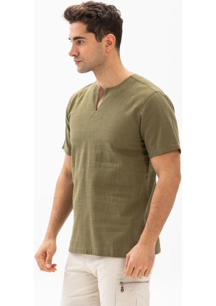 Kısa Kol Şile Bezi Bisiklet Yaka Erkek T-Shirt Haki