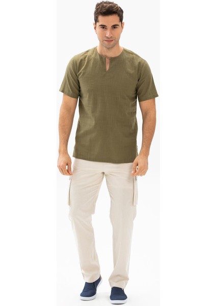 Kısa Kol Şile Bezi Bisiklet Yaka Erkek T-Shirt Haki