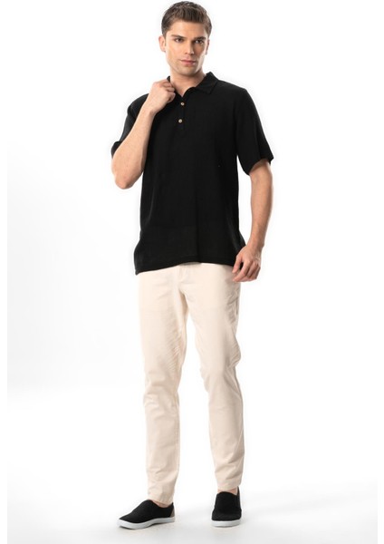 Violet Kısa Kol Foça Düğmeli Erkek Yazlık Tshirt Siyah Syh