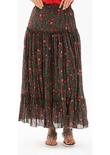 Buse Vual Uzun Yazlık Etek Tomurcuk Desen Yeşil 6170