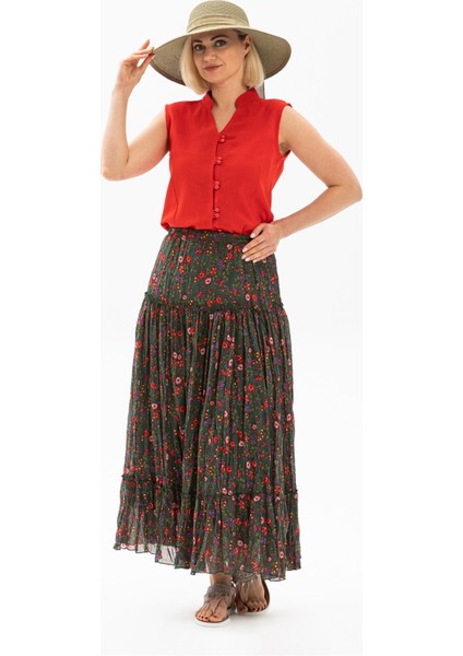 Buse Vual Uzun Yazlık Etek Tomurcuk Desen Yeşil 6170 fiyatları