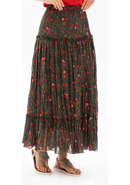Buse Vual Uzun Yazlık Etek Tomurcuk Desen Yeşil 6170 fırsatları