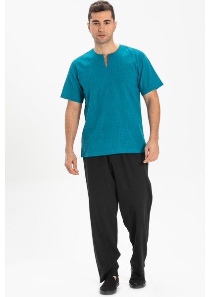Kısa Kol Şile Bezi Bisiklet Yaka Erkek T-Shirt Petrol