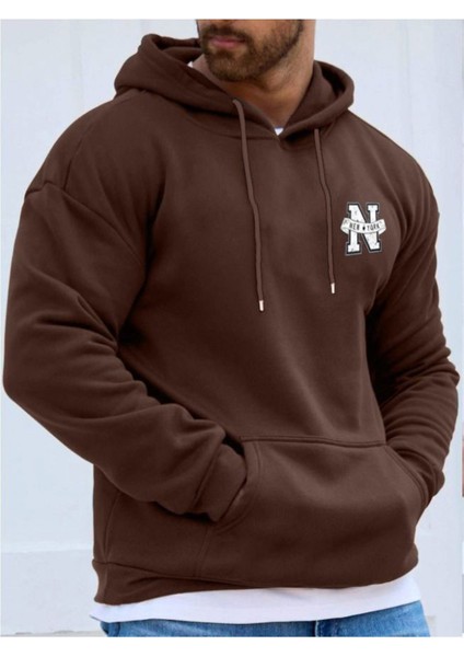 Erkek Kahverengi New York Baskılı Kapüşonlu Sweatshirt