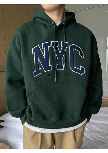 Erkek Yeşil Siyah Nyc Baskılı Oversize Kapşonlu Sweatshirt