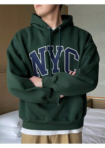 Erkek Yeşil Siyah Nyc Baskılı Oversize Kapşonlu Sweatshirt