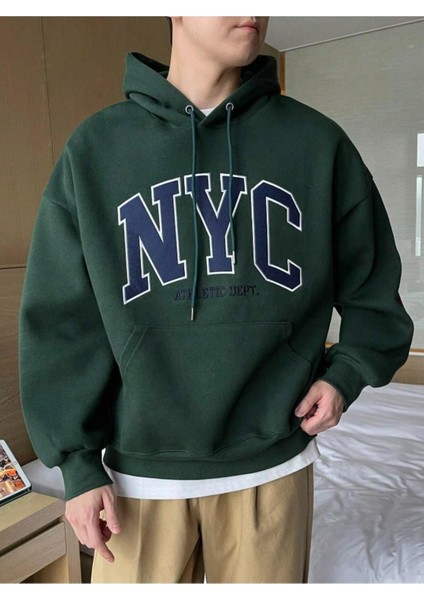 Erkek Yeşil Siyah Nyc Baskılı Oversize Kapşonlu Sweatshirt