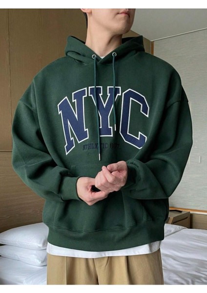 Erkek Yeşil Siyah Nyc Baskılı Oversize Kapşonlu Sweatshirt