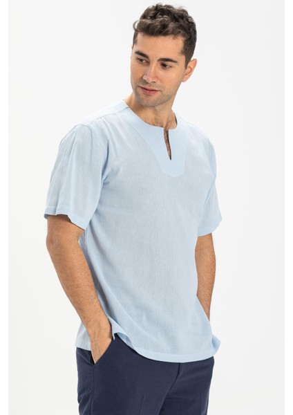 Kısa Kol Şile Bezi Bisiklet Yaka Erkek T-Shirt Buz Mavi